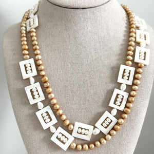 Vintage Real Genuine Pearl Beaded & Mother Of Pearl Long Chunky Necklace 44"